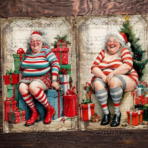 Two illustrations of a woman wearing a red and white striped sweater and a Santa hat. She is sitting on a pile of wrapped presents. The background is a vintage-style postcard with handwritten text.