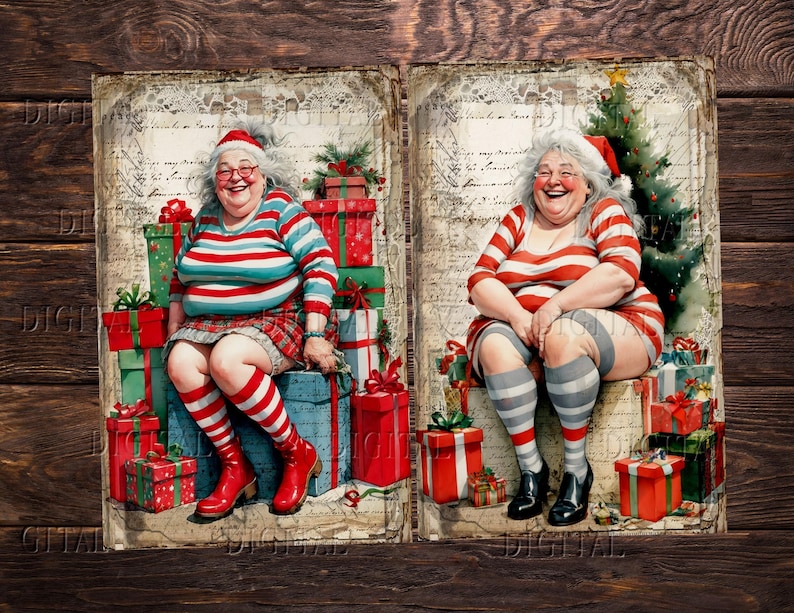 Two illustrations of a woman wearing a red and white striped sweater and a Santa hat. She is sitting on a pile of wrapped presents. The background is a vintage-style postcard with handwritten text.