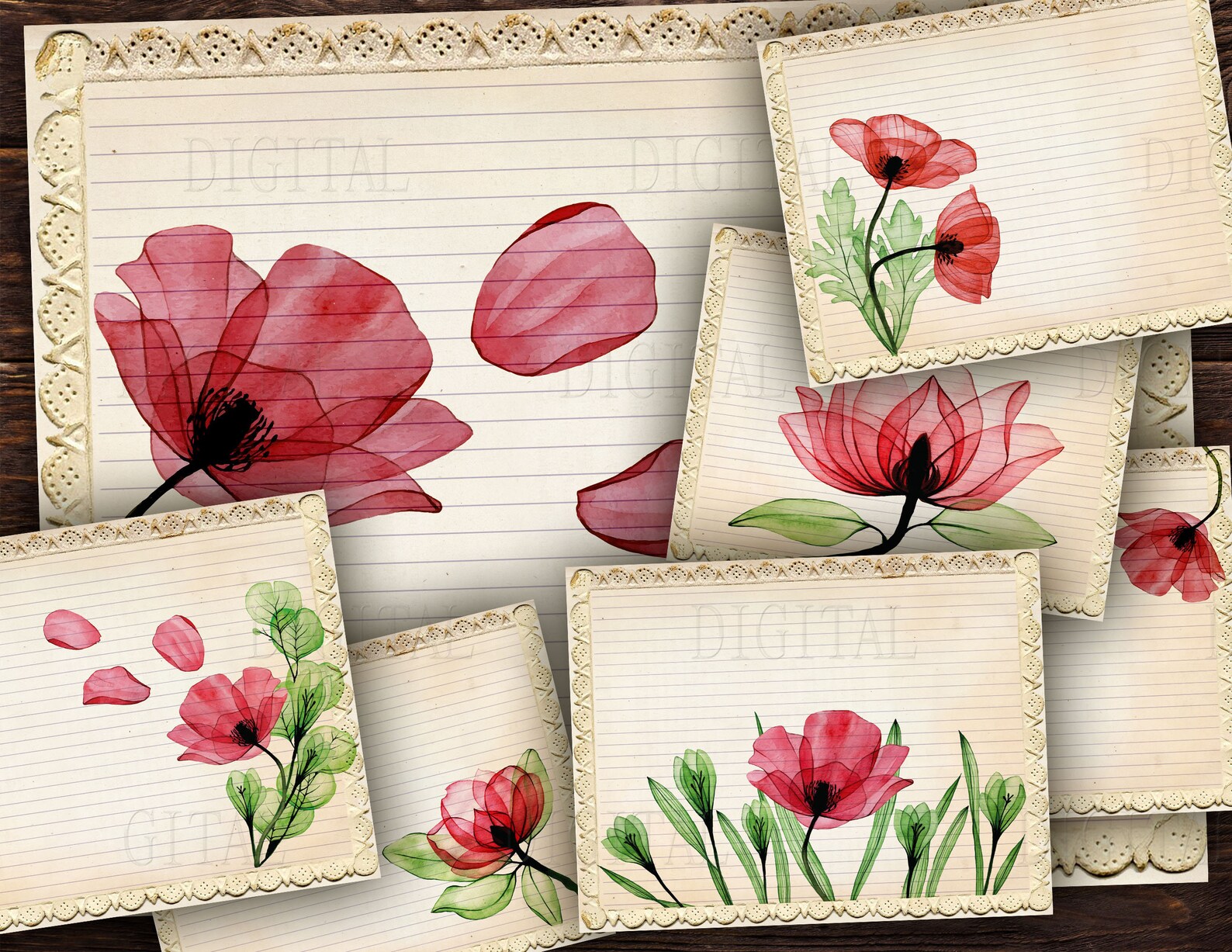 Printable Lined Paper Download 16 Poppy Flower Lined &amp; Blank - Etsy
