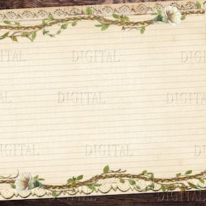 May include: A vintage-style lined paper background with a floral border. The border features delicate white flowers and green leaves on a brown vine. The paper has a cream color and is lined with thin, gray lines. The word "DIGITAL" is printed in white on the paper.