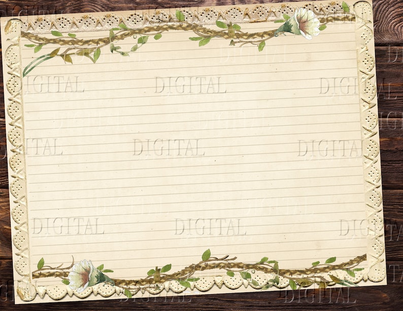 May include: A vintage-style lined paper background with a floral border. The border features delicate white flowers and green leaves on a brown vine. The paper has a cream color and is lined with thin, gray lines. The word "DIGITAL" is printed in white on the paper.