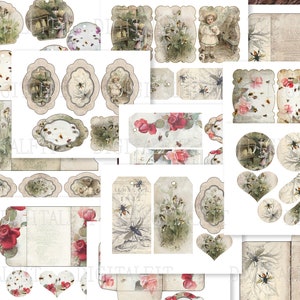May include: A collection of vintage-style printable tags and stickers featuring bees, flowers, and a beehive. The tags are in various shapes and sizes, with a white background and a distressed, aged look. The images are perfect for adding a touch of vintage charm to your crafts and projects.