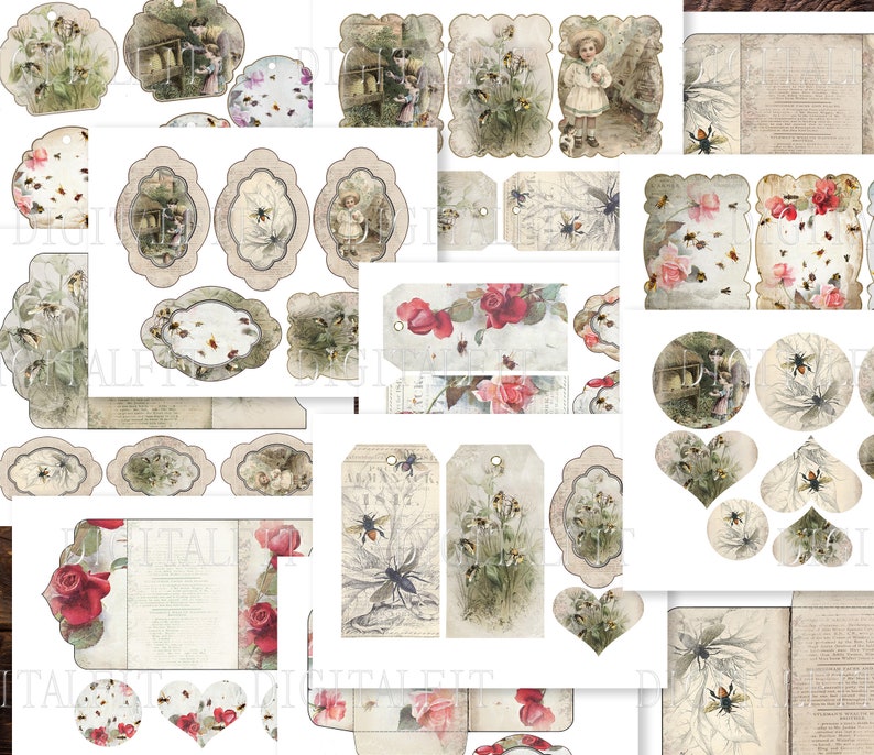May include: A collection of vintage-style printable tags and stickers featuring bees, flowers, and a beehive. The tags are in various shapes and sizes, with a white background and a distressed, aged look. The images are perfect for adding a touch of vintage charm to your crafts and projects.