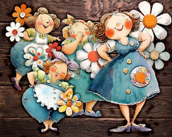 Printable Fussy Cut Paper Dolls  and Flower Background for Collage,  PDF