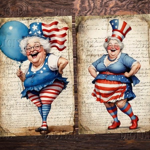 Puede incluir: Dos ilustraciones de una mujer vestida con ropa patri&oacute;tica roja, blanca y azul. La mujer de la izquierda sostiene un globo azul y una bandera. La mujer de la derecha sonr&iacute;e y tiene las manos en las caderas. Ambas ilustraciones tienen un fondo vintage con escritura a mano.