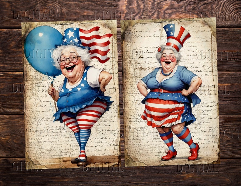Puede incluir: Dos ilustraciones de una mujer vestida con ropa patri&oacute;tica roja, blanca y azul. La mujer de la izquierda sostiene un globo azul y una bandera. La mujer de la derecha sonr&iacute;e y tiene las manos en las caderas. Ambas ilustraciones tienen un fondo vintage con escritura a mano.