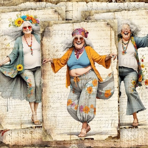 hippie-style characters, floral illustrations, vintage paper, whimsical ephemera and colorful printable art.  DigitalFit Etsy Store: https://www.etsy.com/shop/DigitalFit