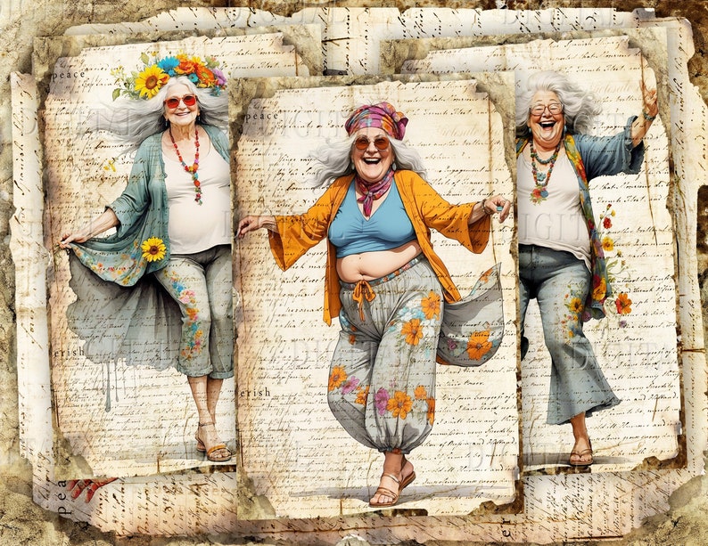 hippie-style characters, floral illustrations, vintage paper, whimsical ephemera and colorful printable art.  DigitalFit Etsy Store: https://www.etsy.com/shop/DigitalFit
