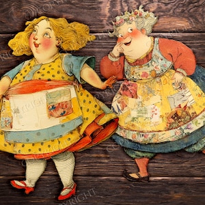 May include: Two vintage-style paper cutouts of women in aprons and dresses. One woman wears a yellow dress with polka dots and a red apron. The other woman wears a floral apron and a blue skirt. The background is a dark wood texture.