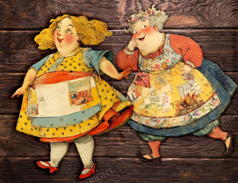 May include: Two vintage-style paper cutouts of women in aprons and dresses. One woman wears a yellow dress with polka dots and a red apron. The other woman wears a floral apron and a blue skirt. The background is a dark wood texture.