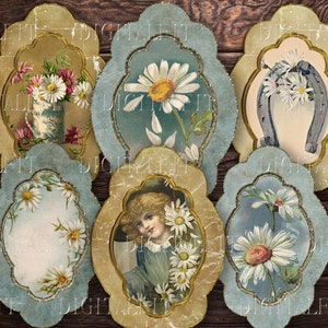 May include: Six vintage-style oval frames with blue and gold accents, each featuring a different floral or nature-themed image. The frames are arranged in a circular pattern on a wooden background.