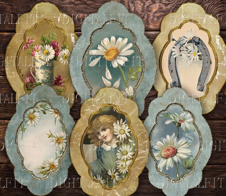 May include: Six vintage-style oval frames with blue and gold accents, each featuring a different floral or nature-themed image. The frames are arranged in a circular pattern on a wooden background.
