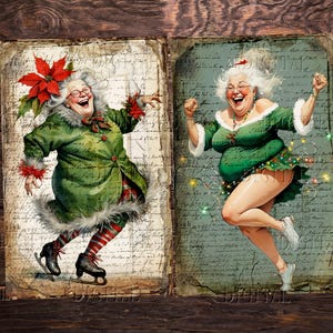Two digital illustrations of women in green Christmas outfits. The woman on the left is wearing a green coat with a red poinsettia and is ice skating. The woman on the right is wearing a green dress with Christmas lights and is jumping in the air.