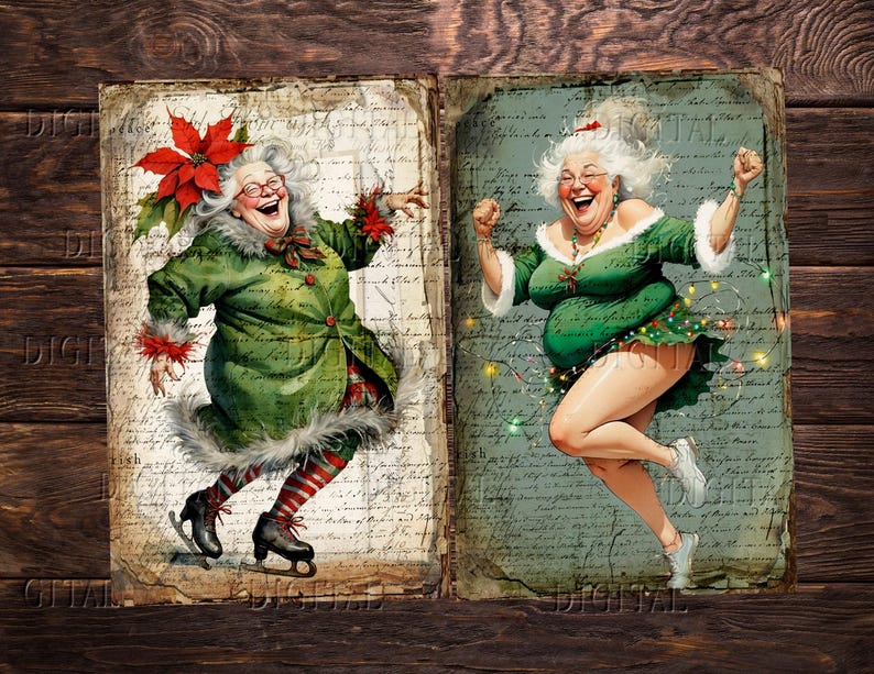 Two digital illustrations of women in green Christmas outfits. The woman on the left is wearing a green coat with a red poinsettia and is ice skating. The woman on the right is wearing a green dress with Christmas lights and is jumping in the air.
