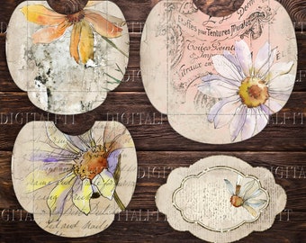 Vintage Daisy Printable Journal Ephemera, 40 Pockets, Tags, Labels, Junk Journal, PDF