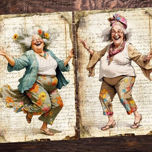 joyful older women are dressed in colorful floral pants, DigitalFit Etsy Store: https://www.etsy.com/shop/DigitalFit