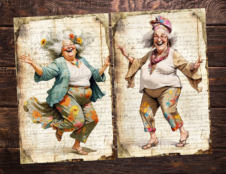 joyful older women are dressed in colorful floral pants, DigitalFit Etsy Store: https://www.etsy.com/shop/DigitalFit