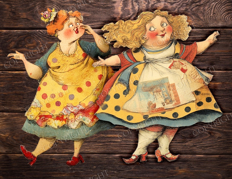 May include: Two vintage paper cutouts of women in dresses with polka dots. One woman is touching her face, and the other has her arms outstretched. The cutouts are on a dark wood background, with copyright text visible.
