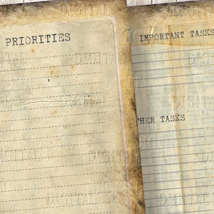 May include: A vintage-style to-do list with sections for priorities, important tasks, and other tasks. The paper is aged and has a distressed look.