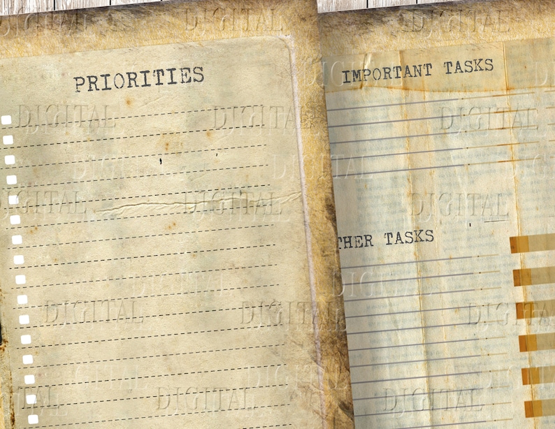 May include: A vintage-style to-do list with sections for priorities, important tasks, and other tasks. The paper is aged and has a distressed look.