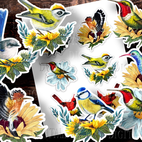 Fussy Cut Birds & Sunflowers Printable Kit,  12 Vintage Bird Images, Junk Journals Ephemera Junk