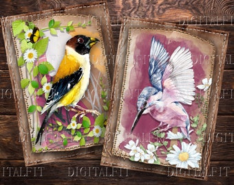 Vintage Bird Cards, 8 Digital Journal Cards, Printable ATC Cards, Colorful Birds, Collage Sheet , PDF