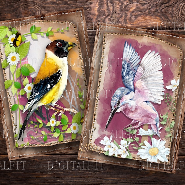 Vintage Bird Cards, 8 Digital Journal Cards, Printable ATC Cards, Colorful Birds, Collage Sheet , PDF