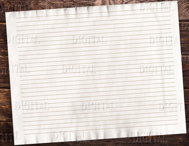 May include: A blank sheet of lined paper with a slightly aged, cream-colored texture. The paper is placed on a dark brown wooden surface.