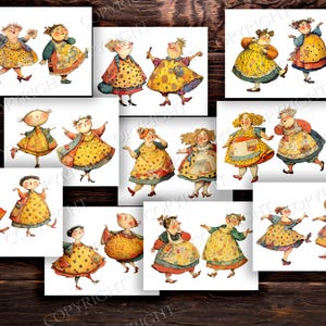 May include: A collection of watercolor illustrations featuring whimsical figures in yellow polka-dot dresses and aprons. The characters are depicted in various poses, with expressive faces and colorful clothing. The artwork has a vintage, storybook aesthetic.
