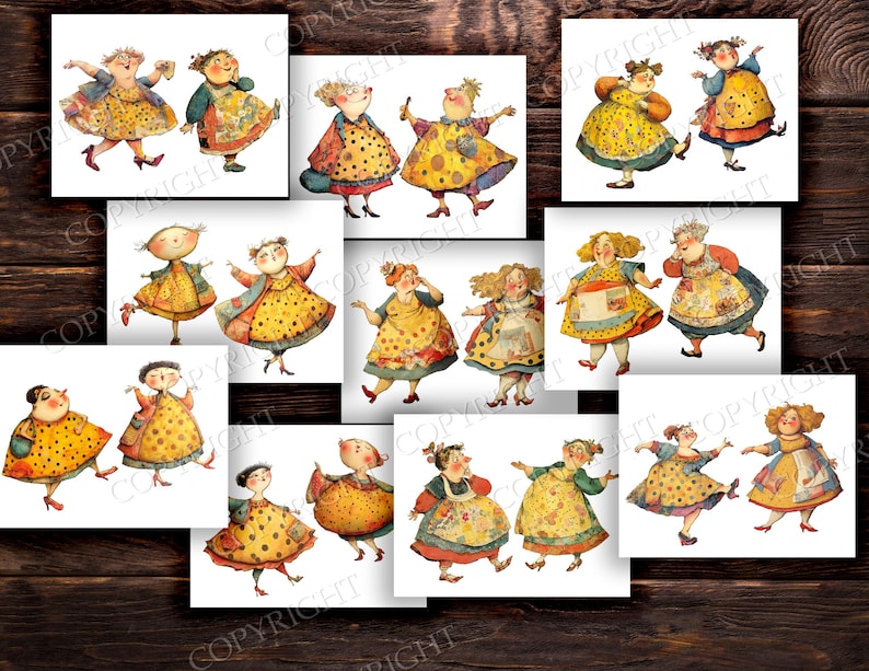 May include: A collection of watercolor illustrations featuring whimsical figures in yellow polka-dot dresses and aprons. The characters are depicted in various poses, with expressive faces and colorful clothing. The artwork has a vintage, storybook aesthetic.