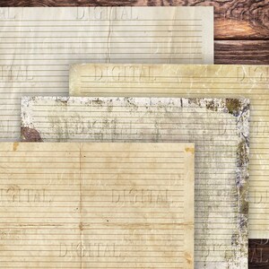 May include: Four sheets of lined paper with a distressed, aged look. The paper is stacked on a wooden background.