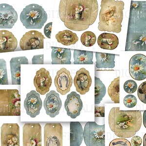 May include: A set of vintage-style printable tags featuring daisies, horseshoes, and other floral designs. The tags are in shades of blue, brown, and white.