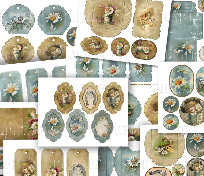 May include: A set of vintage-style printable tags featuring daisies, horseshoes, and other floral designs. The tags are in shades of blue, brown, and white.