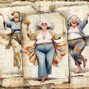 Each cheerful old lady appears on a beautifully distressed handwritten paper background.  
DigitalFit Etsy Store: https://www.etsy.com/shop/DigitalFit