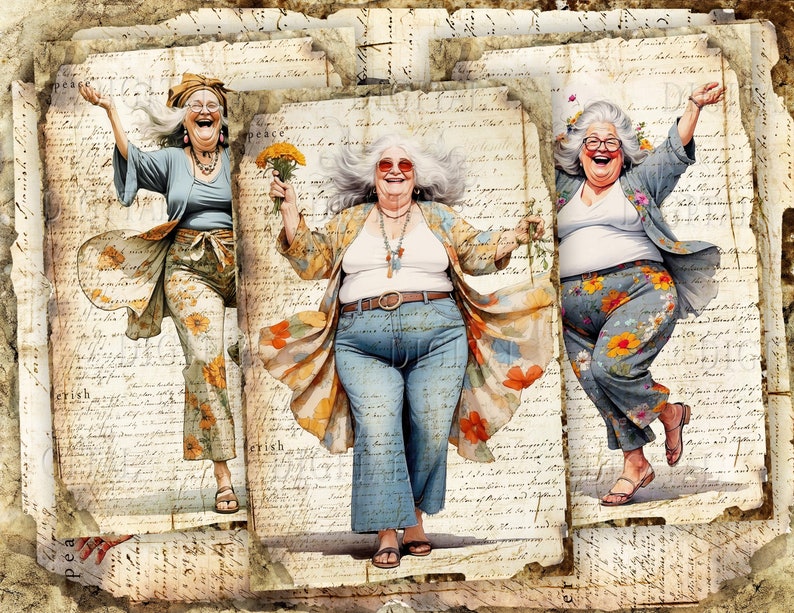 Each cheerful old lady appears on a beautifully distressed handwritten paper background.  
DigitalFit Etsy Store: https://www.etsy.com/shop/DigitalFit