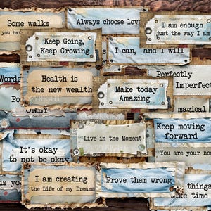 Inspirational Labels, 24 Fussy Cut Distressed Junk Journal Ephemera, Positive Zitate, PDF