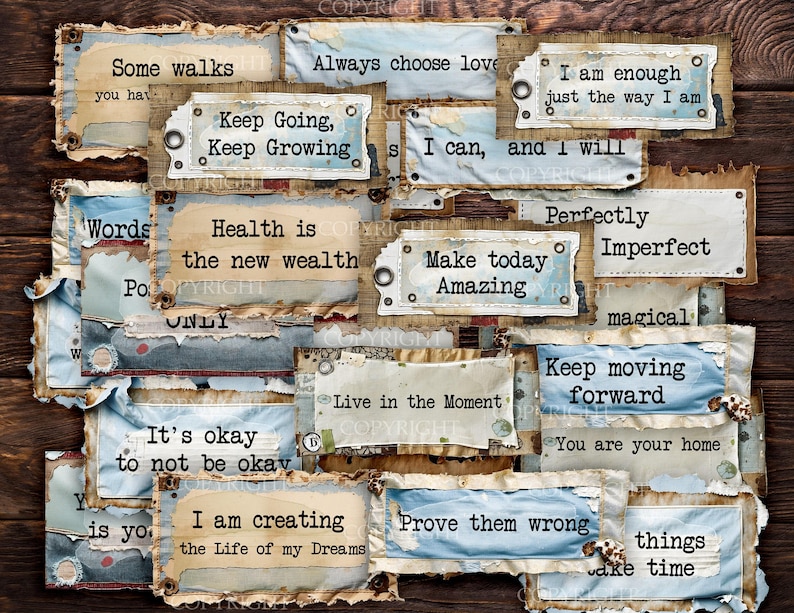 Etsy listing example of distressed printable quote labels for junk journals