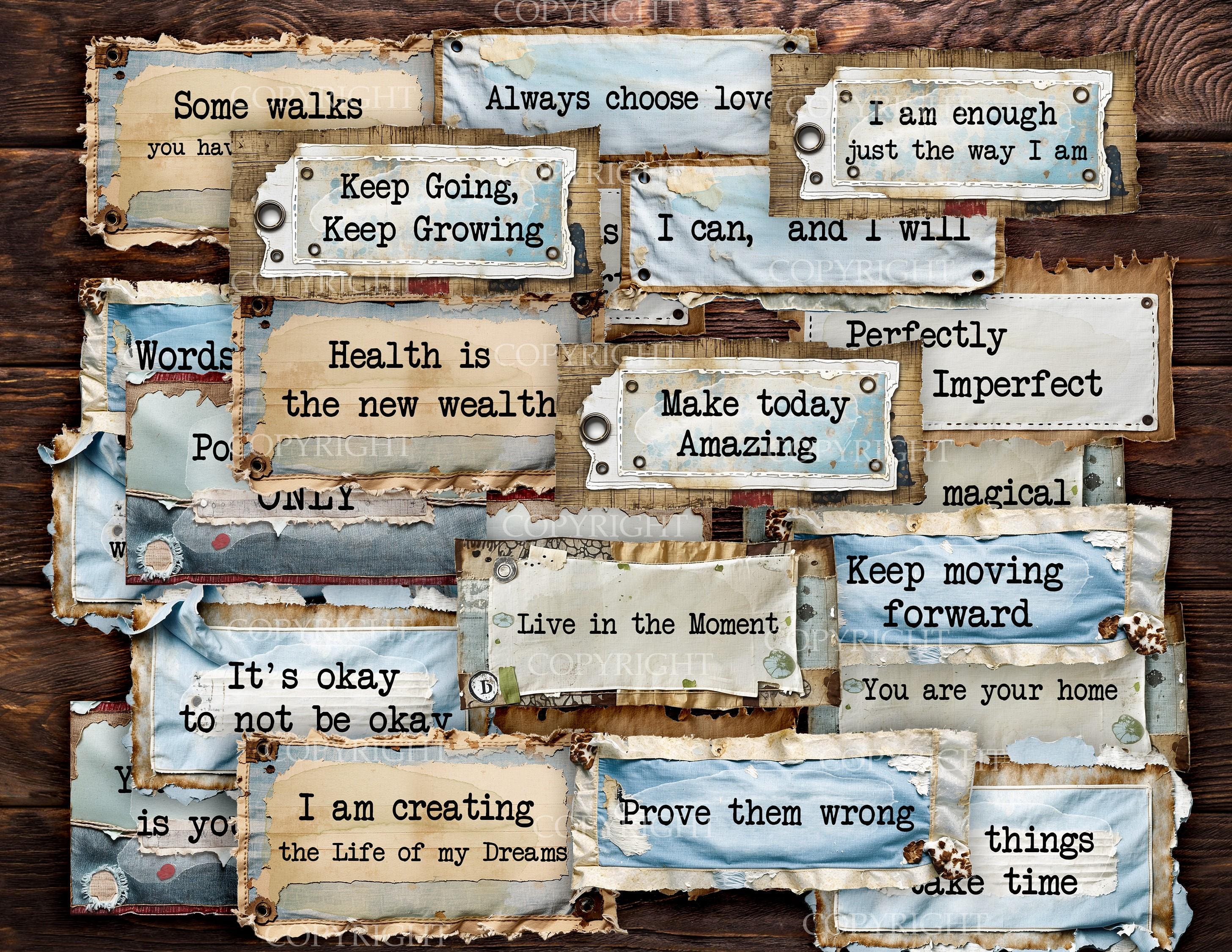 Inspirational Labels, 24 Fussy Cut Distressed Junk Journal Ephemera, Positive Quotes, PDF