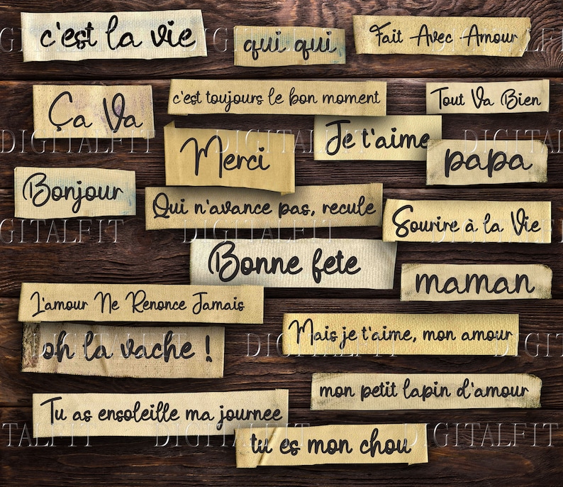 May include: A collection of vintage-style paper notes with French phrases written in black ink. The notes are arranged on a wooden background. The phrases include "c'est la vie", "qui qui", "Ca Va", "Merci", "Je t'aime", "Bonjour", "Qui n'avance pas, recule", "Bonne fete", "L'amour Ne Renonce Jamais", "oh la vache", "Tu as ensoleille ma journee", "tu es mon chou", "Fail Avec Amour", "Tout Va Bien", "papa", "Sourire &agrave; la Vie", "maman", "Mais je t'aime, mon amour", "mon petit lapin d'amour".