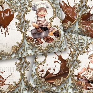 May include: A digital collage featuring a child dressed as a chef with chocolate sauce splatters and a heart-shaped chocolate design. The image is framed with ornate gold scrollwork.