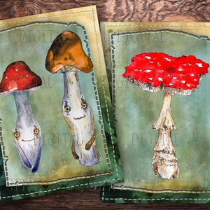 Cogumelo bonito em aquarela, 15 cartões de diário digital, papel digital de fada de arte digital, presentes de cogumelo, PDF