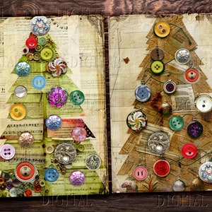 Two Christmas trees made of paper with buttons and other embellishments as ornaments.  DigitalFit Etsy store: https://www.etsy.com/shop/DigitalFit