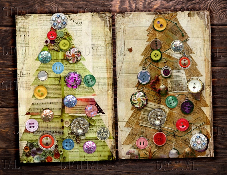 Two Christmas trees made of paper with buttons and other embellishments as ornaments.  DigitalFit Etsy store: https://www.etsy.com/shop/DigitalFit