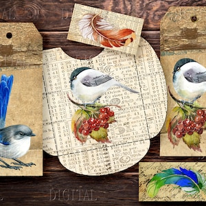 Kit de diário Vintage Birds Junk com mais de 50 etiquetas, cartões de diário, envelopes, 11 páginas para impressão, PDF, JPG