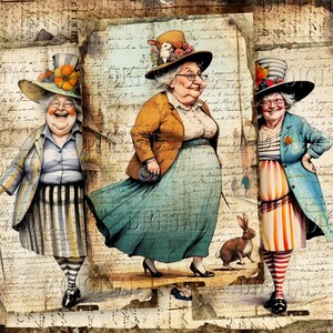 May include: Three women wearing colorful hats and striped clothing stand in front of a vintage background. The women are smiling and holding canes.