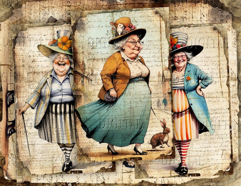 May include: Three women wearing colorful hats and striped clothing stand in front of a vintage background. The women are smiling and holding canes.