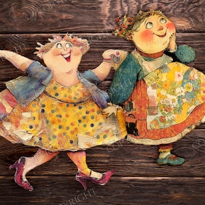 May include: Two whimsical paper dolls, one with a yellow polka-dot dress and the other with a floral apron, stand on a wooden background. The dolls have rosy cheeks and are smiling. The image has a vintage, storybook feel.