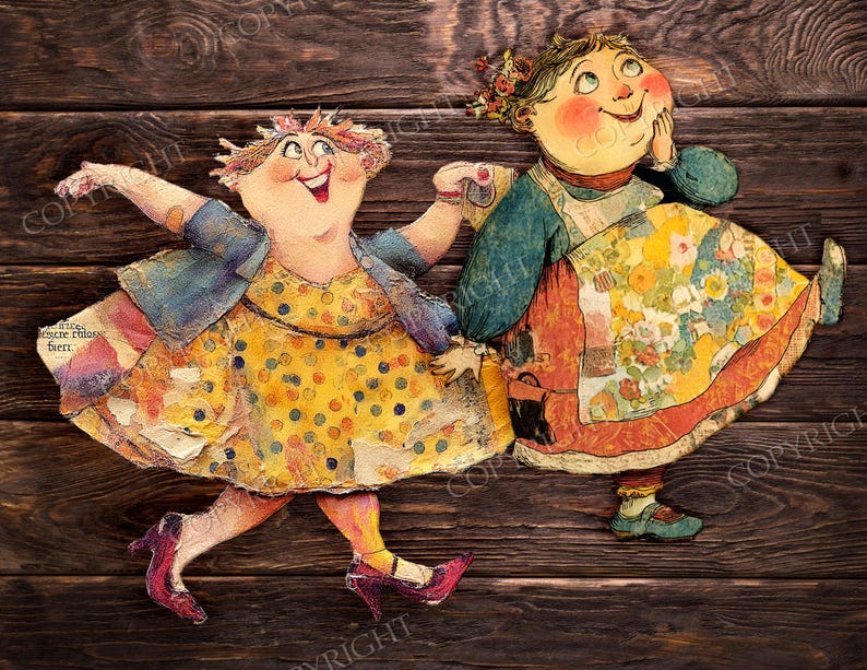 May include: Two whimsical paper dolls, one with a yellow polka-dot dress and the other with a floral apron, stand on a wooden background. The dolls have rosy cheeks and are smiling. The image has a vintage, storybook feel.