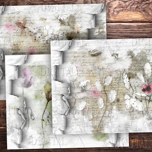 Carta per diario digitale strappata, 10 sfondi strappati, pagine di collage di fiori stampabili, diario spazzatura, PDF