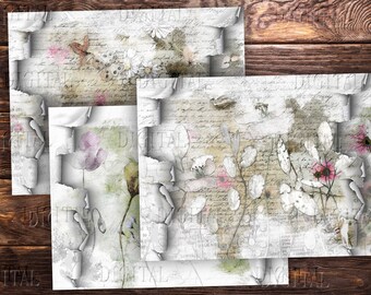 Ripped Digital Journal Paper, 10 Torn Backgrounds, Printable Flowers Collage Pages, Junk Journal, PDF